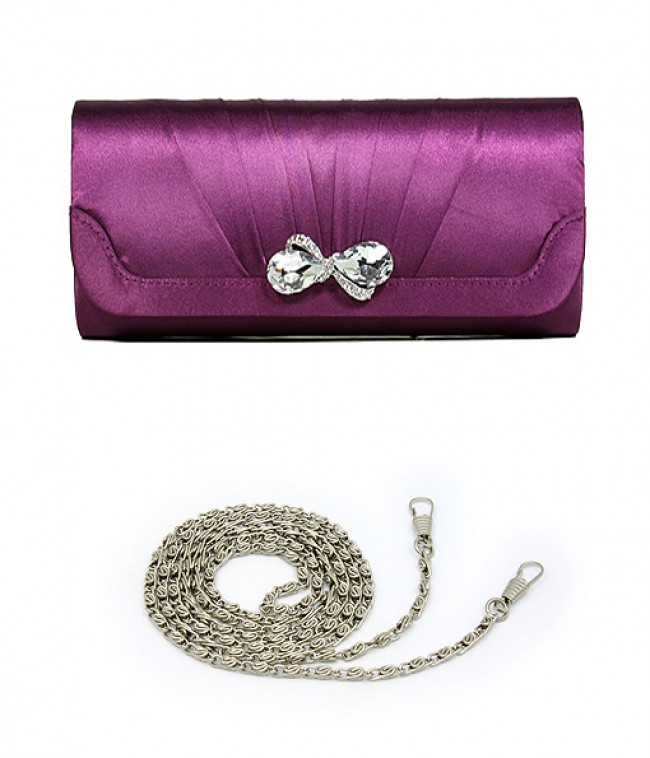 Evening Bag - Pleated Satin w/ Rhinestones Accent Snap - Purple - BG-92406PU